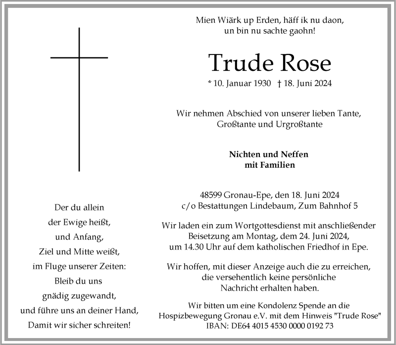  Traueranzeige für Trude Rose vom 21.06.2024 aus 