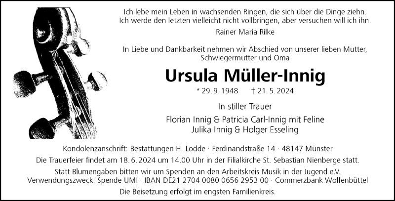  Traueranzeige für Ursula Müller-Innig vom 01.06.2024 aus 