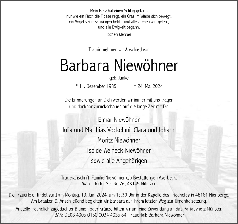  Traueranzeige für Barbara Niewöhner vom 01.06.2024 aus 