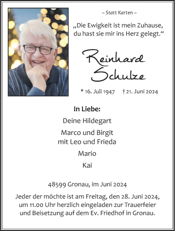 Anzeige von Reinhard Schulze 