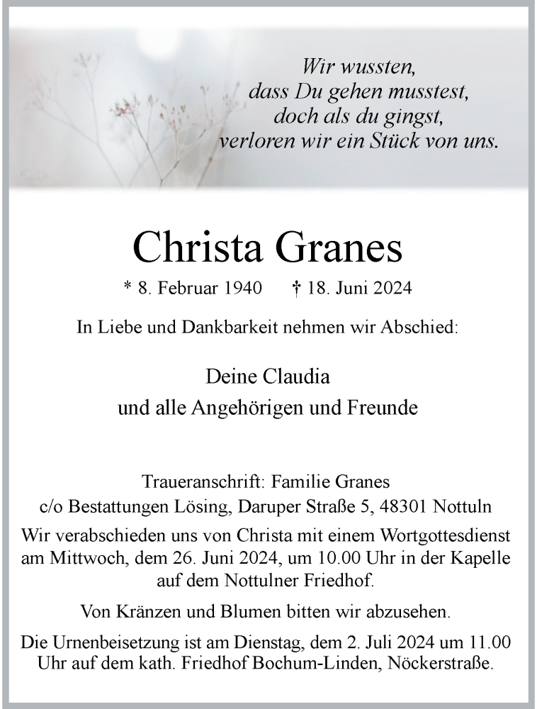  Traueranzeige für Christa Granes vom 22.06.2024 aus 
