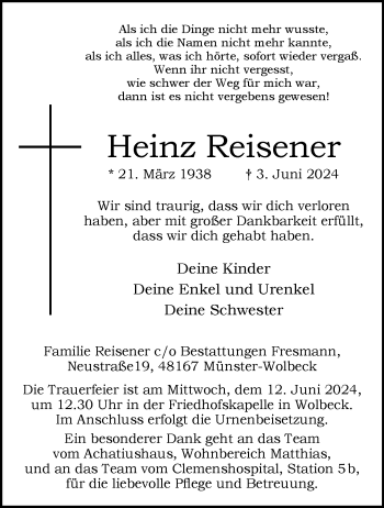 Anzeige von Heinz Reisener 