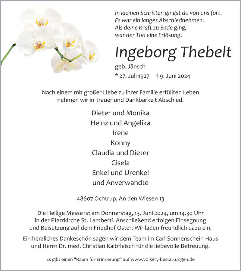  Traueranzeige für Ingeborg Thebelt vom 12.06.2024 aus 