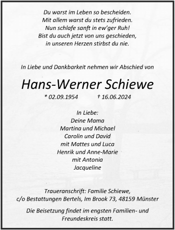Anzeige von Hans-Werner Schiewe 