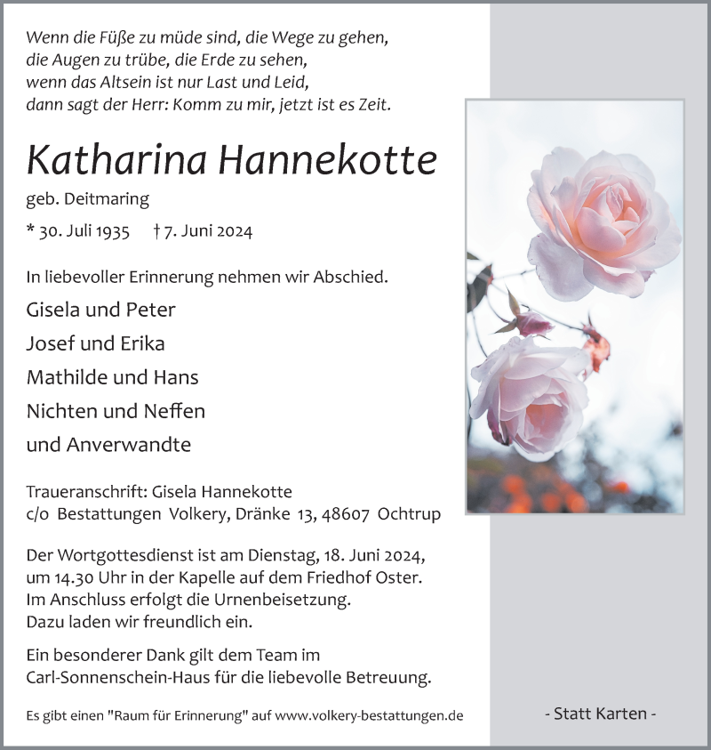  Traueranzeige für Katharina Hannekotte vom 12.06.2024 aus 