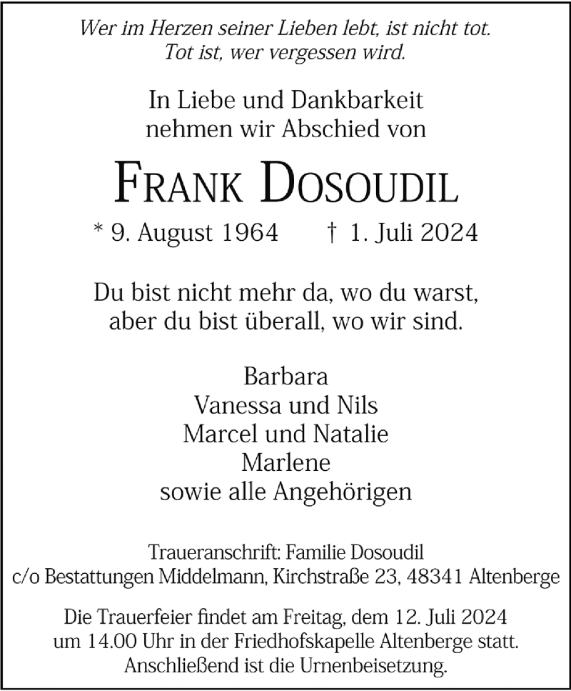  Traueranzeige für Frank Dosoudil vom 06.07.2024 aus 