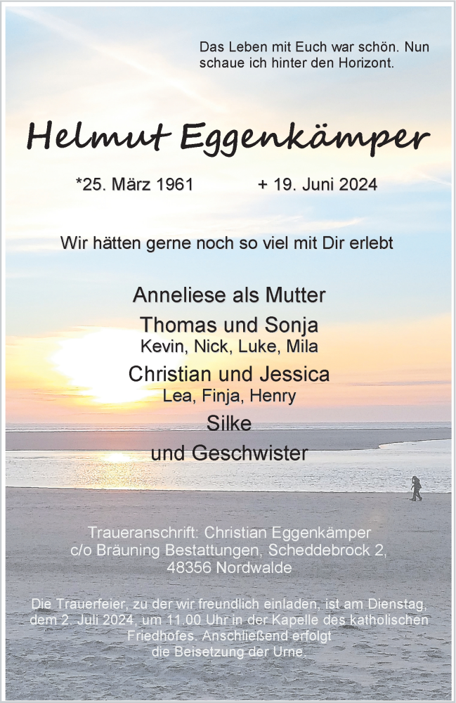  Traueranzeige für Helmut Eggenkämper vom 26.06.2024 aus 