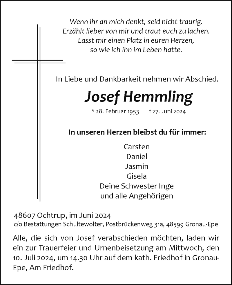  Traueranzeige für Josef Hemmling vom 03.07.2024 aus 