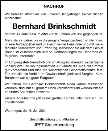 Anzeige von Bernhard Brinkschmidt 