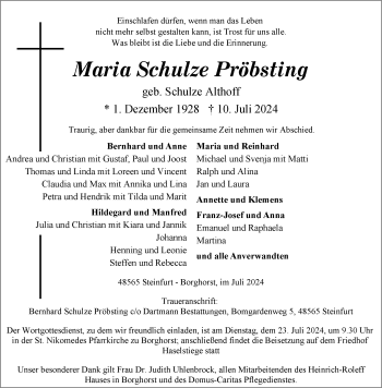 Anzeige von Maria Schulze Pröbsting 