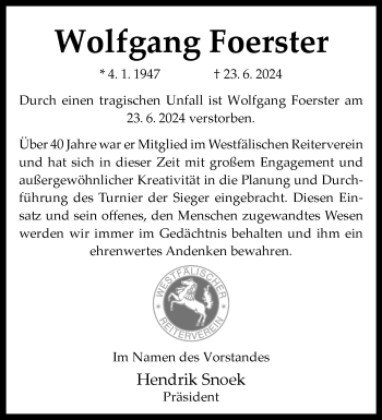 Anzeige von Wolfgang Foerster 