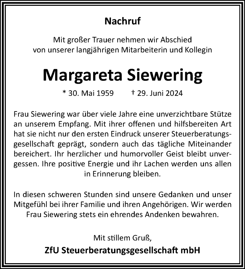  Traueranzeige für Margareta Siewering vom 06.07.2024 aus 