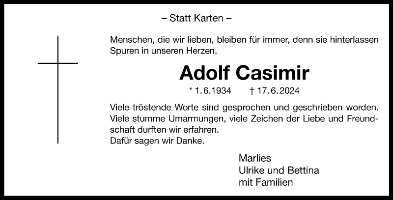  Traueranzeige für Adolf Casimir vom 20.07.2024 aus 