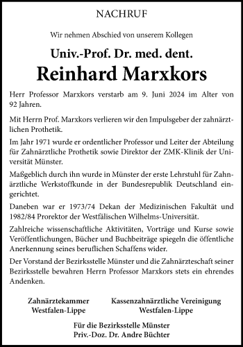 Anzeige von Prof. Dr. Reinhard Marxkors 