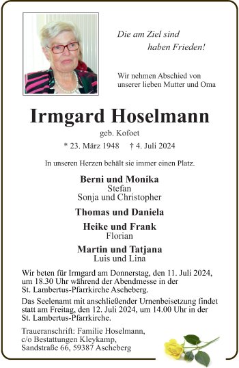 Anzeige von Irmgard Hoselmann 