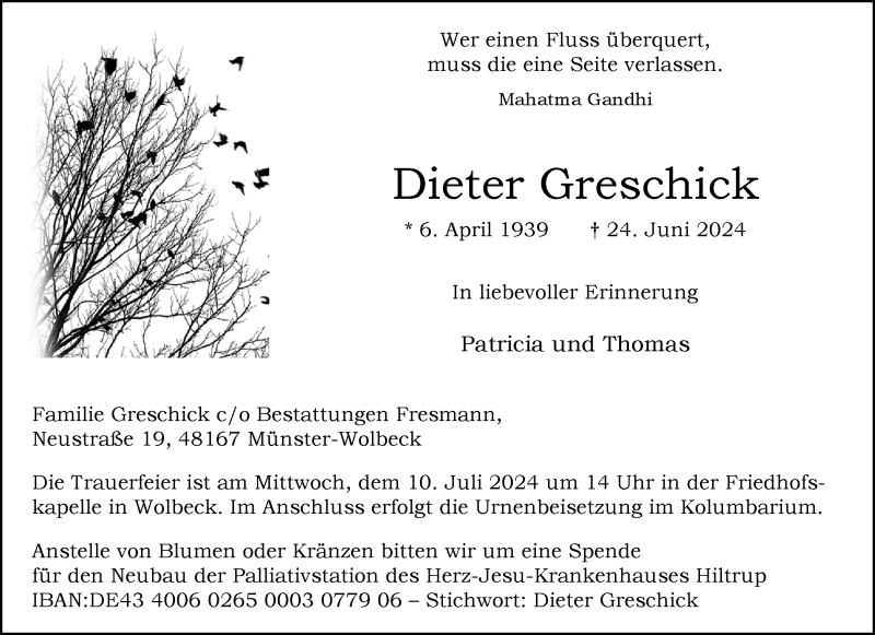  Traueranzeige für Dieter Greschick vom 06.07.2024 aus 