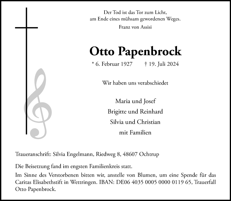  Traueranzeige für Otto Papenbrock vom 27.07.2024 aus 