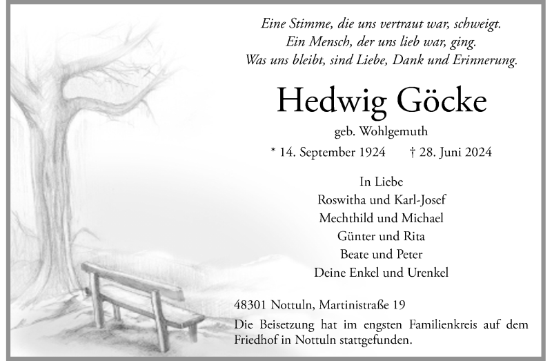  Traueranzeige für Hedwig Göcke vom 13.07.2024 aus 