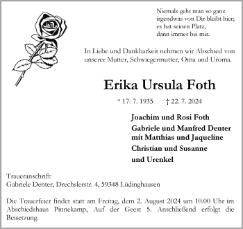Anzeige von Erika Ursula Foth 