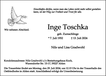 Anzeige von Inge Toschka 