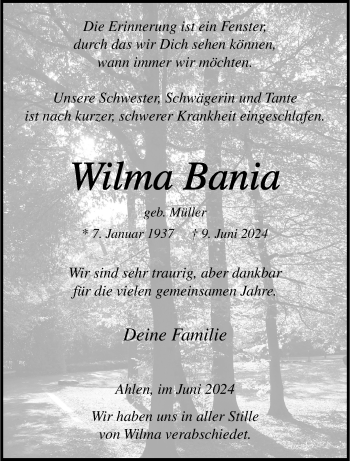 Anzeige von Wilma Bania 