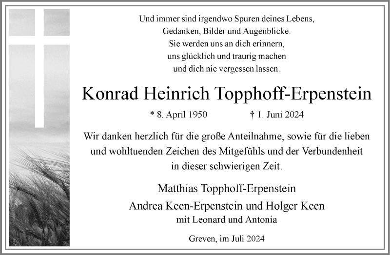  Traueranzeige für Konrad Heinrich Topphoff-Erpenstein vom 20.07.2024 aus 