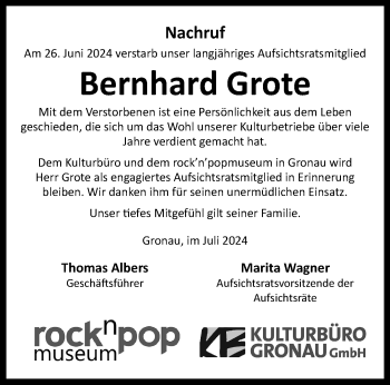 Anzeige von Bernhard Grote 