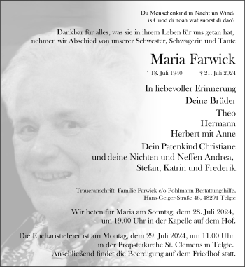 Anzeige von Maria Farwick 