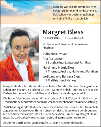 Anzeige von Margret Bless 