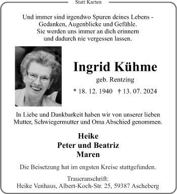 Anzeige von Ingrid Kühme 