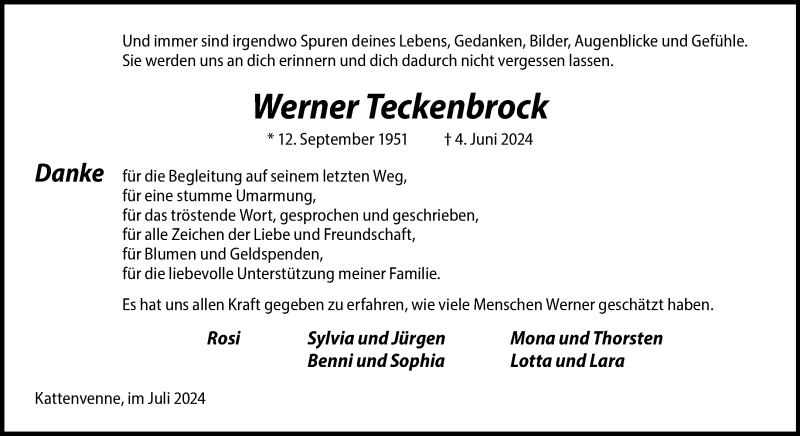  Traueranzeige für Werner Teckenbrock vom 20.07.2024 aus 