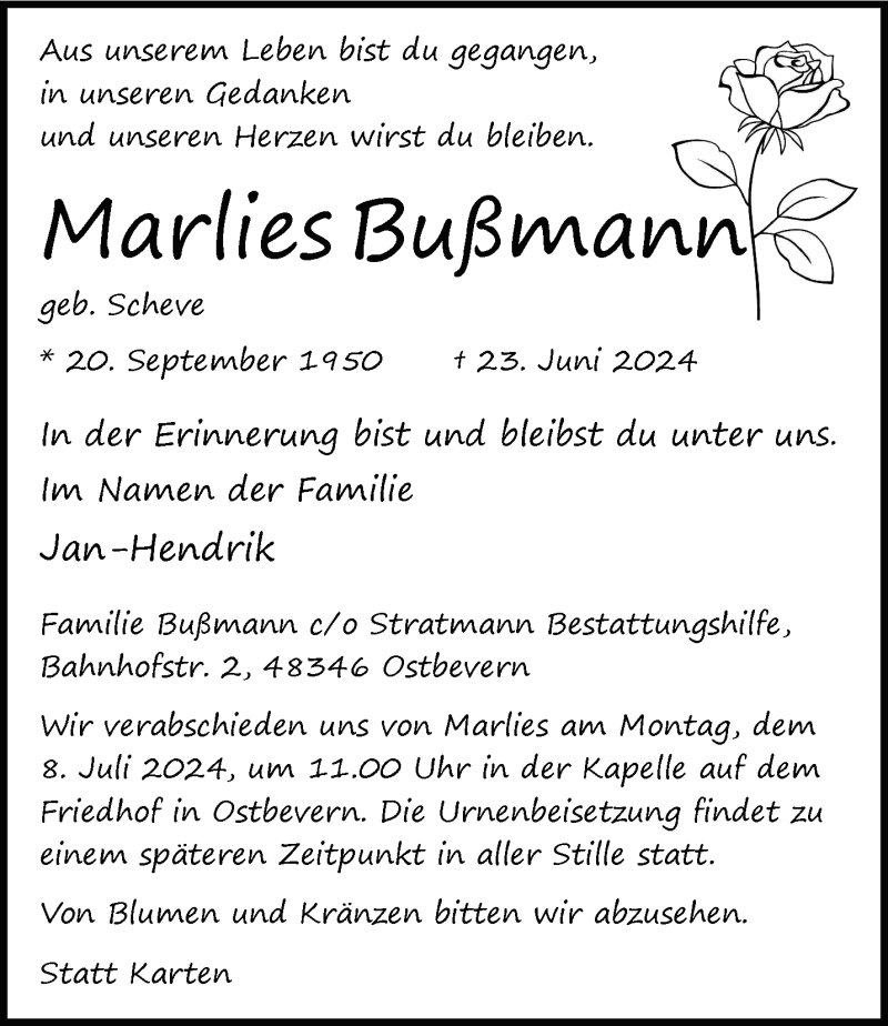  Traueranzeige für Marlies Bußmann vom 29.06.2024 aus 