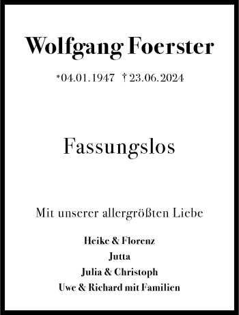 Anzeige von Wolfgang Foerster 