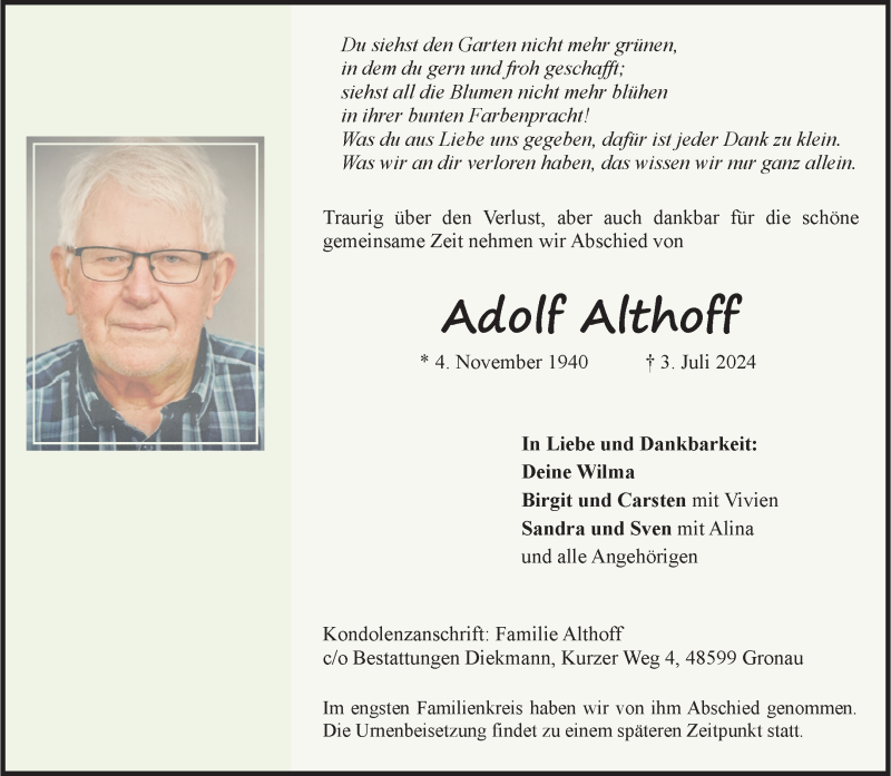  Traueranzeige für Adolf Althoff vom 13.07.2024 aus 