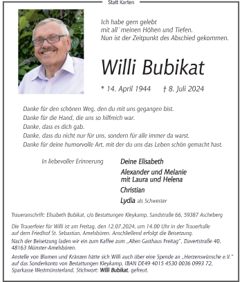Anzeige von Willi Bubikat 