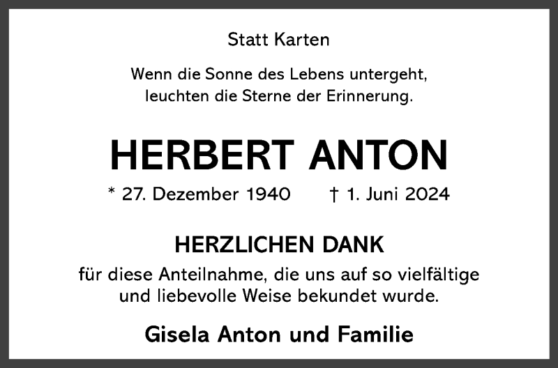  Traueranzeige für Herbert Anton vom 27.07.2024 aus 