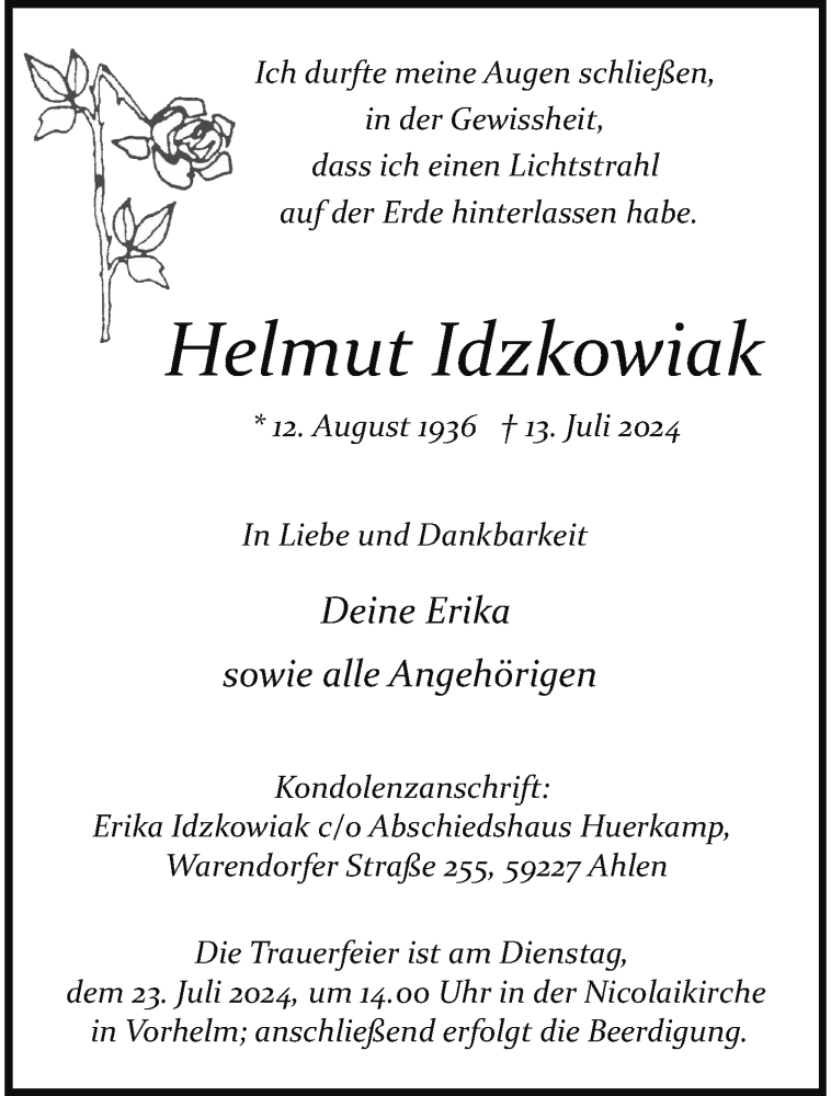  Traueranzeige für Helmut Idzkowiak vom 20.07.2024 aus 
