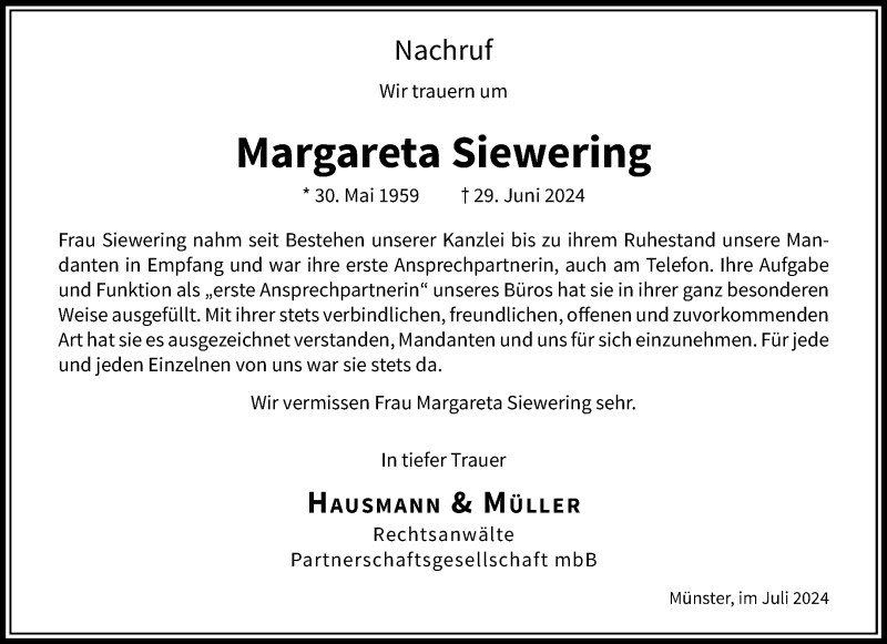  Traueranzeige für Margareta Siewering vom 06.07.2024 aus 