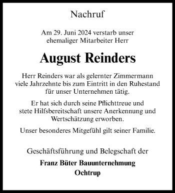 Anzeige von August Reinders 