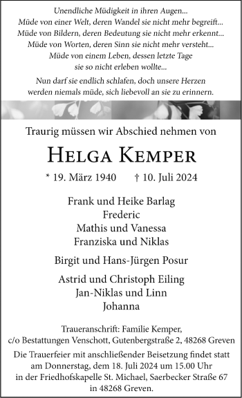 Anzeige von Helga Kemper 
