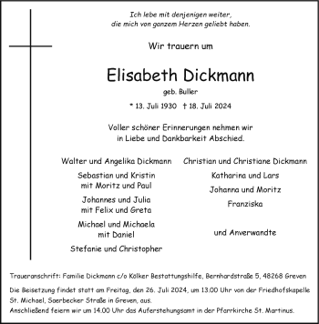 Anzeige von Elisabeth Dickmann 