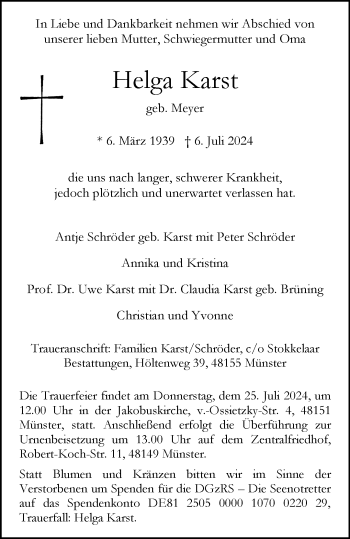 Anzeige von Helga Karst 