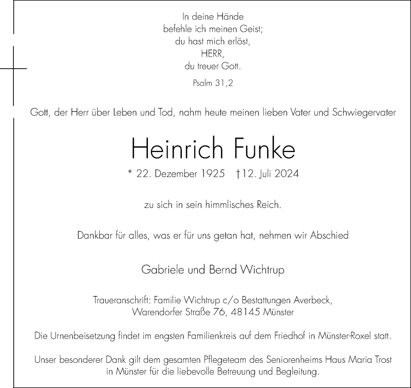  Traueranzeige für Heinrich Funke vom 20.07.2024 aus 