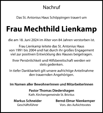 Anzeige von Mechthild Lienkamp 