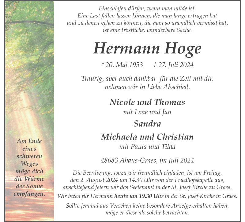  Traueranzeige für Hermann Hoge vom 30.07.2024 aus 