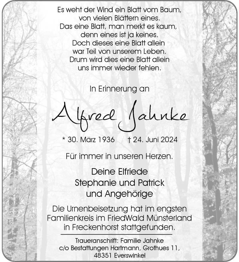  Traueranzeige für Alfred Jahnke vom 13.07.2024 aus 
