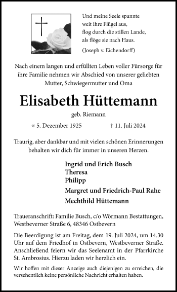 Anzeige von Elisabeth Hüttemann 