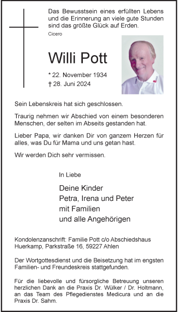 Anzeige von Willi Pott 