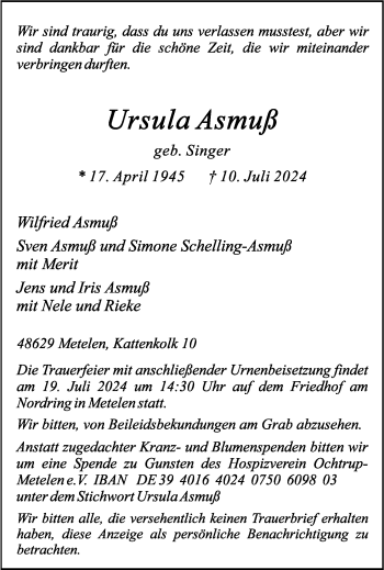 Anzeige von Ursula Asmuß 