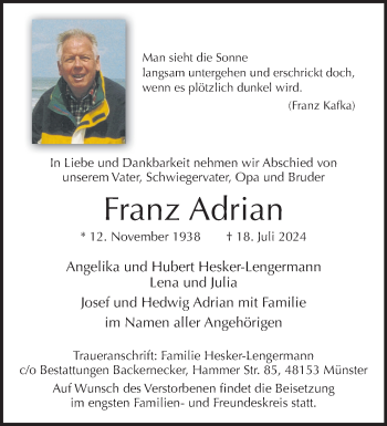 Anzeige von Franz Adrian 
